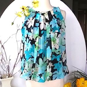 Dressbarn Semi Sheer Smock Top Floral Blue Black White Teal Pleated Size M